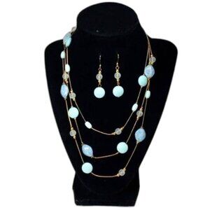 Gold-Tone Layered Blue Beaded Necklace w/ Matching Earrings – Bold Jewelry Set